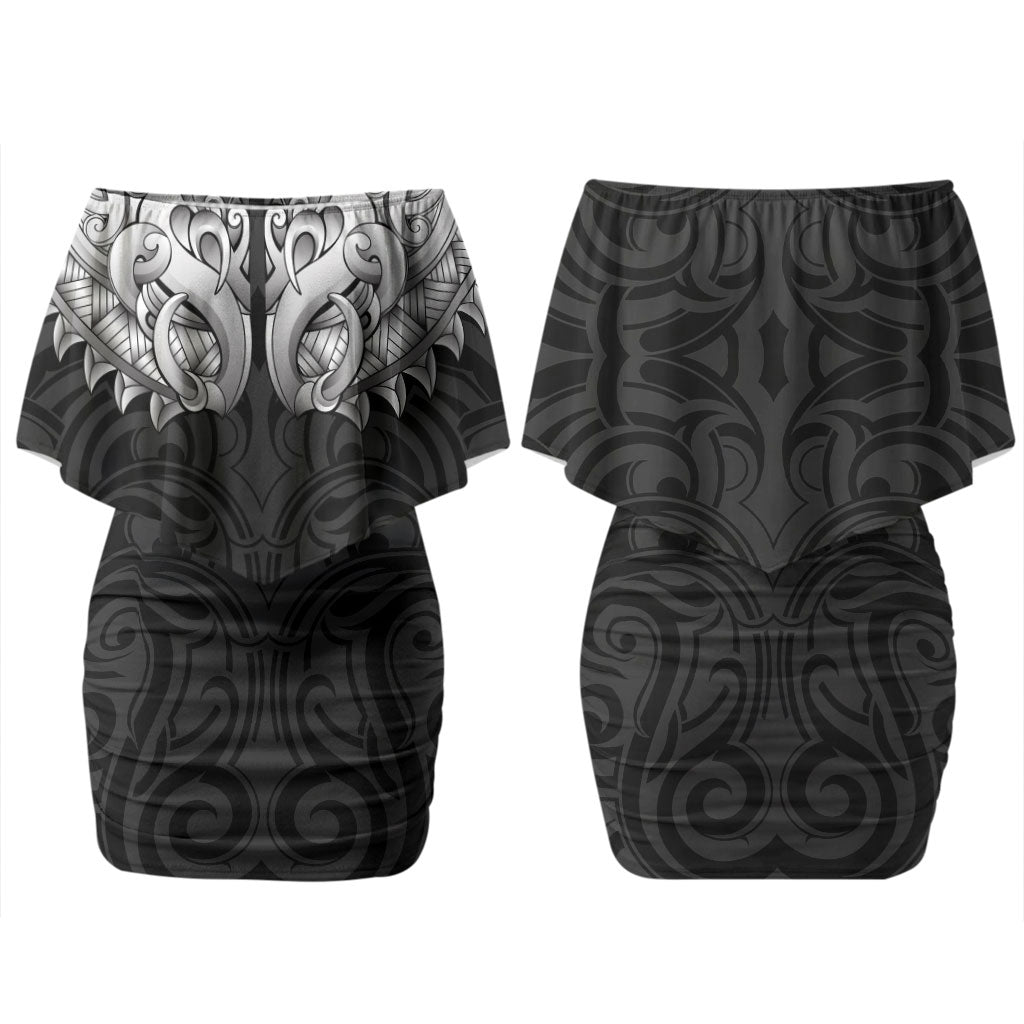 New Zealand Ta Moko Couples Matching Off Shoulder Short Dress and Hawaiian Shirt Aotearoa Maori Chest Tattoo Black