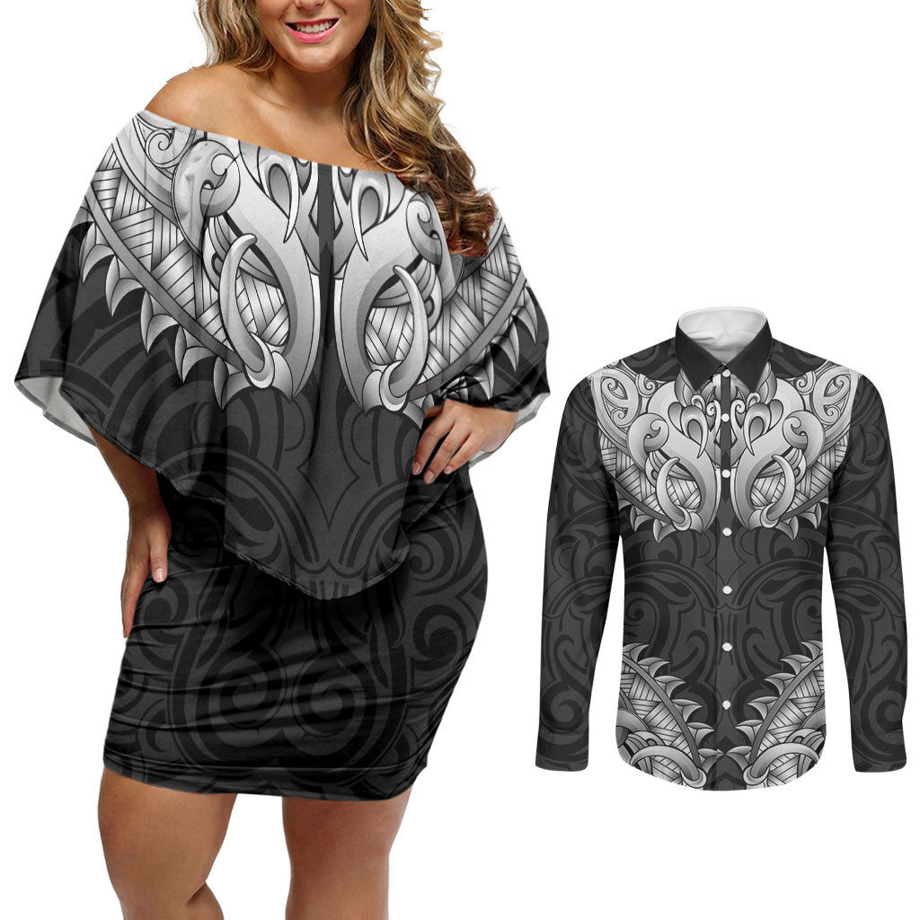 New Zealand Ta Moko Couples Matching Off Shoulder Short Dress and Long Sleeve Button Shirt Aotearoa Maori Chest Tattoo Black
