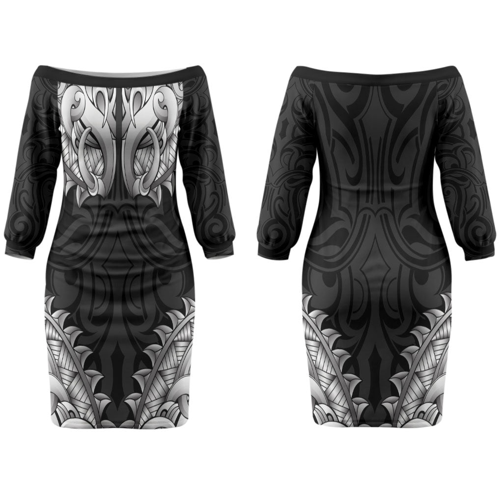 New Zealand Ta Moko Couples Matching Off The Shoulder Long Sleeve Dress and Hawaiian Shirt Aotearoa Maori Chest Tattoo Black