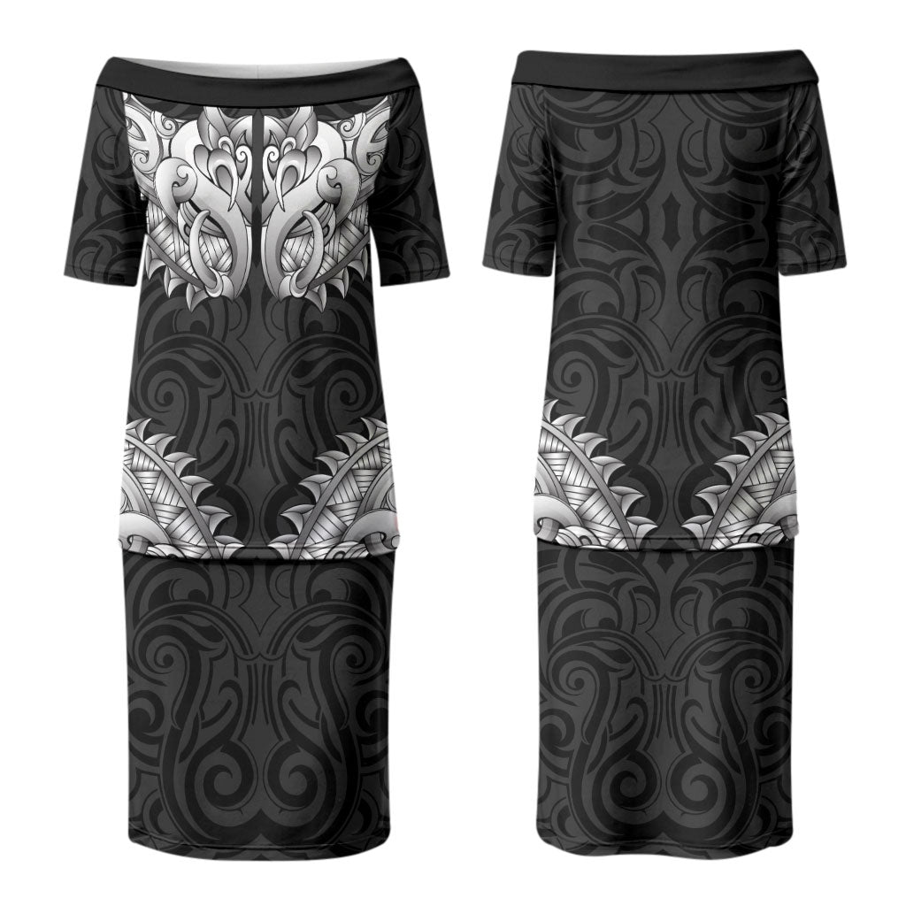 New Zealand Ta Moko Couples Matching Puletasi and Long Sleeve Button Shirt Aotearoa Maori Chest Tattoo Black