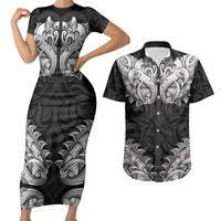 New Zealand Ta Moko Couples Matching Short Sleeve Bodycon Dress and Hawaiian Shirt Aotearoa Maori Chest Tattoo Black