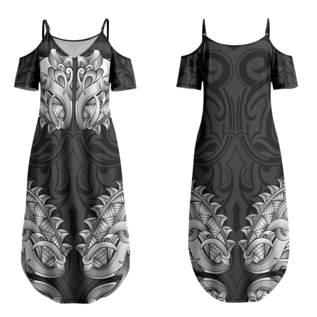 New Zealand Ta Moko Couples Matching Summer Maxi Dress and Long Sleeve Button Shirt Aotearoa Maori Chest Tattoo Black