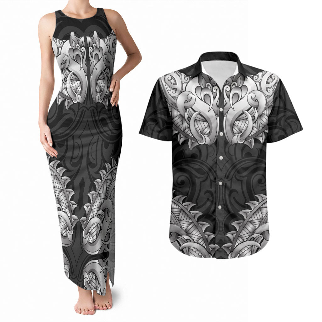 New Zealand Ta Moko Couples Matching Tank Maxi Dress and Hawaiian Shirt Aotearoa Maori Chest Tattoo Black