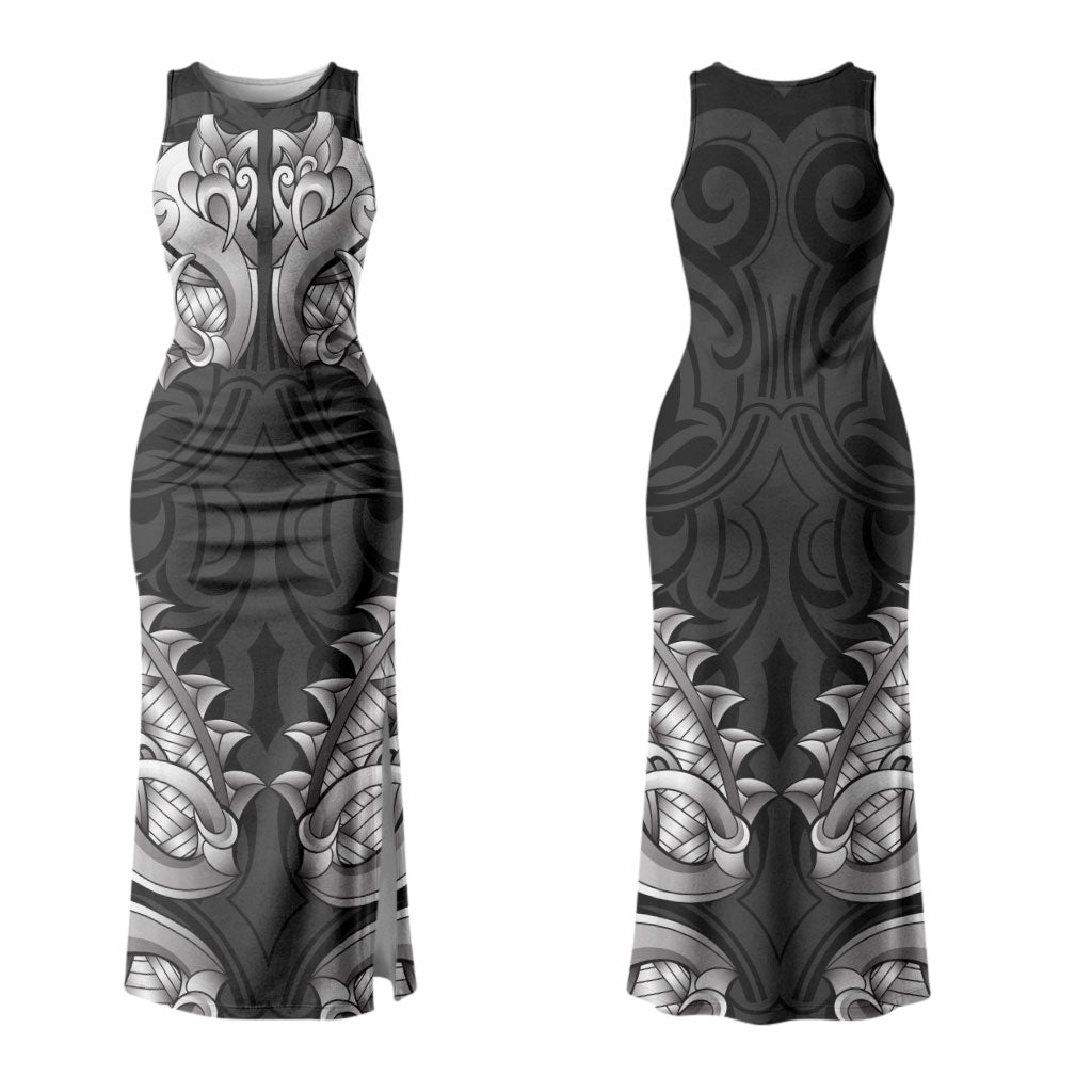 New Zealand Ta Moko Couples Matching Tank Maxi Dress and Long Sleeve Button Shirt Aotearoa Maori Chest Tattoo Black
