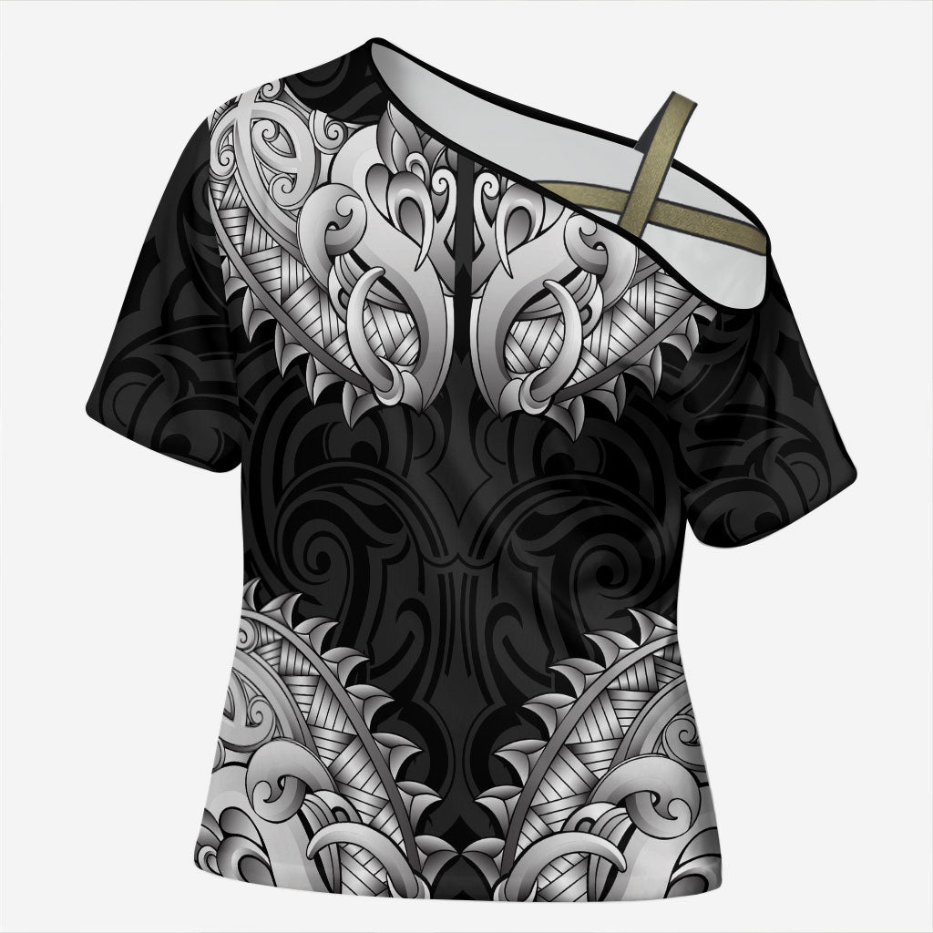 New Zealand Ta Moko Cross Shoulder Shirt Aotearoa Maori Chest Tattoo Black