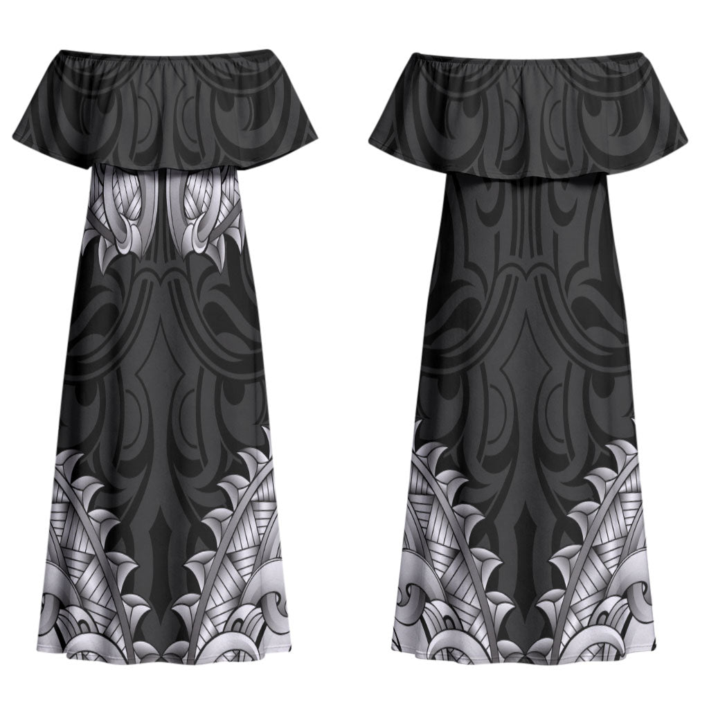 New Zealand Ta Moko Family Matching Off Shoulder Maxi Dress and Hawaiian Shirt Aotearoa Maori Chest Tattoo Black