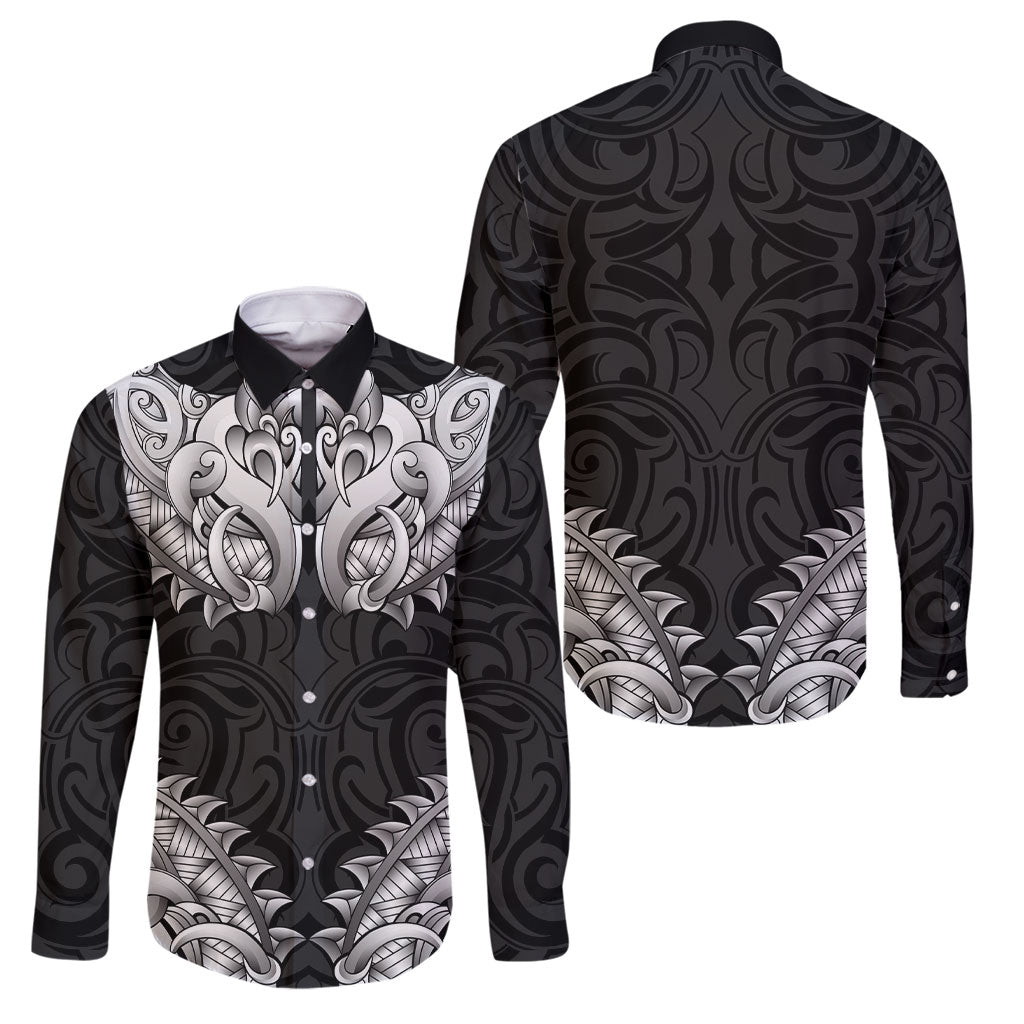 New Zealand Ta Moko Family Matching Off Shoulder Short Dress and Hawaiian Shirt Aotearoa Maori Chest Tattoo Black