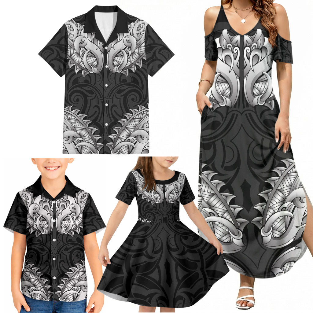 New Zealand Ta Moko Family Matching Summer Maxi Dress and Hawaiian Shirt Aotearoa Maori Chest Tattoo Black