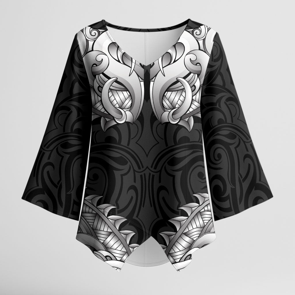 New Zealand Ta Moko Kimono Sleeve Blouse Aotearoa Maori Chest Tattoo Black