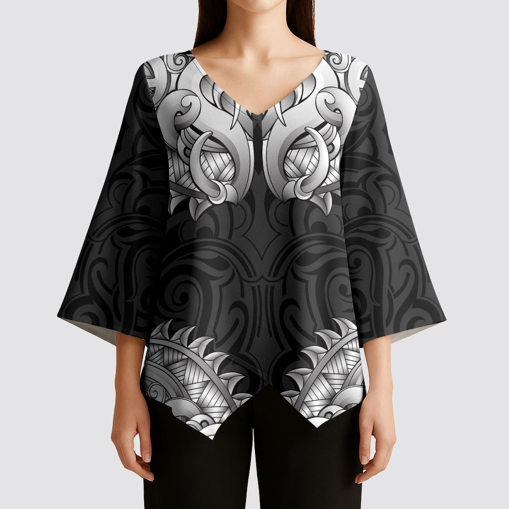 New Zealand Ta Moko Kimono Sleeve Blouse Aotearoa Maori Chest Tattoo Black