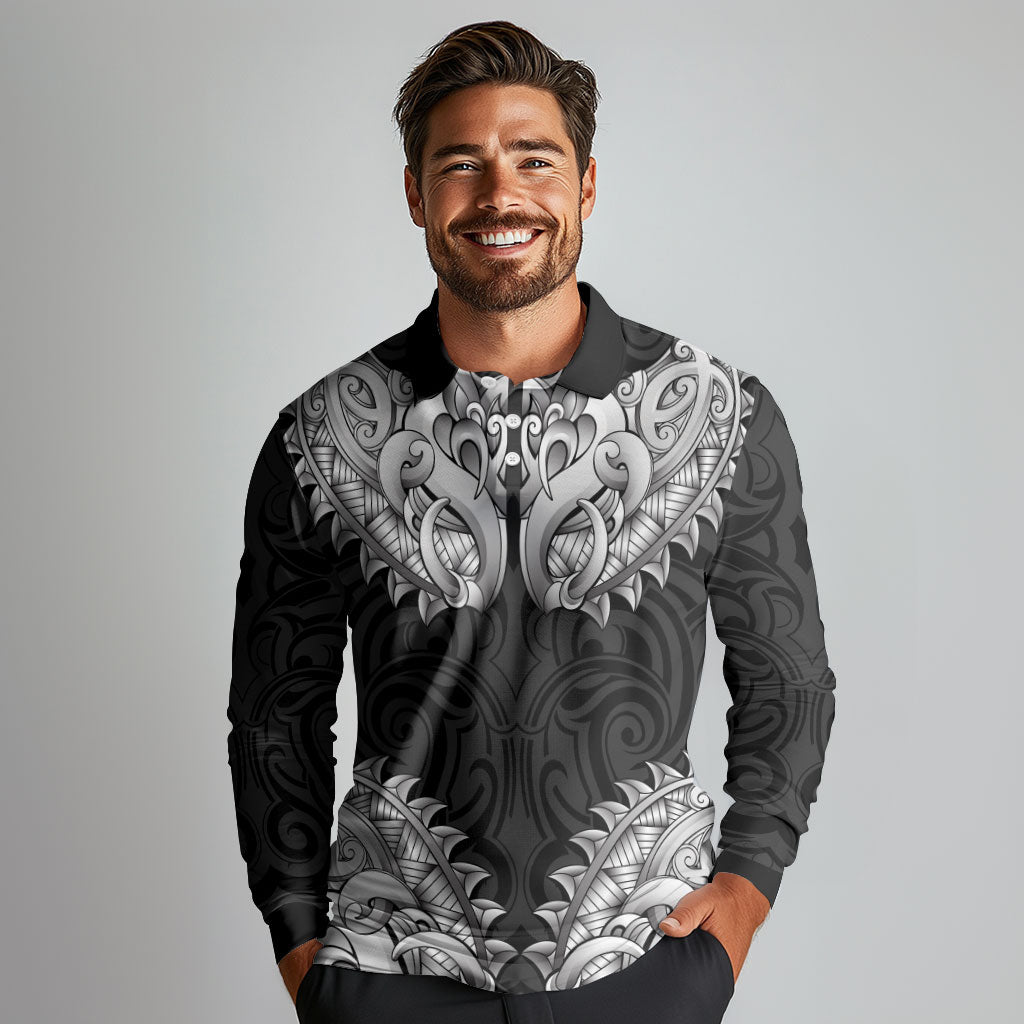 New Zealand Ta Moko Long Sleeve Polo Shirt Aotearoa Maori Chest Tattoo Black