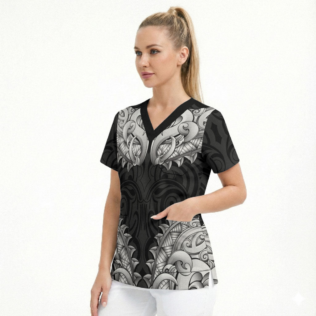 New Zealand Ta Moko Scrub Top Aotearoa Maori Chest Tattoo Black