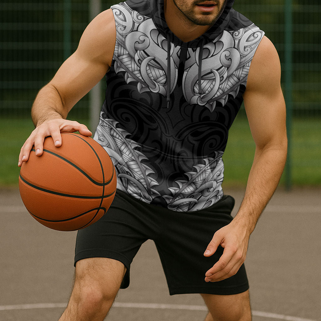 New Zealand Ta Moko Sleeveless Hoodie Aotearoa Maori Chest Tattoo Black