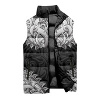 New Zealand Ta Moko Sleeveless Puffer Jacket Aotearoa Maori Chest Tattoo Black