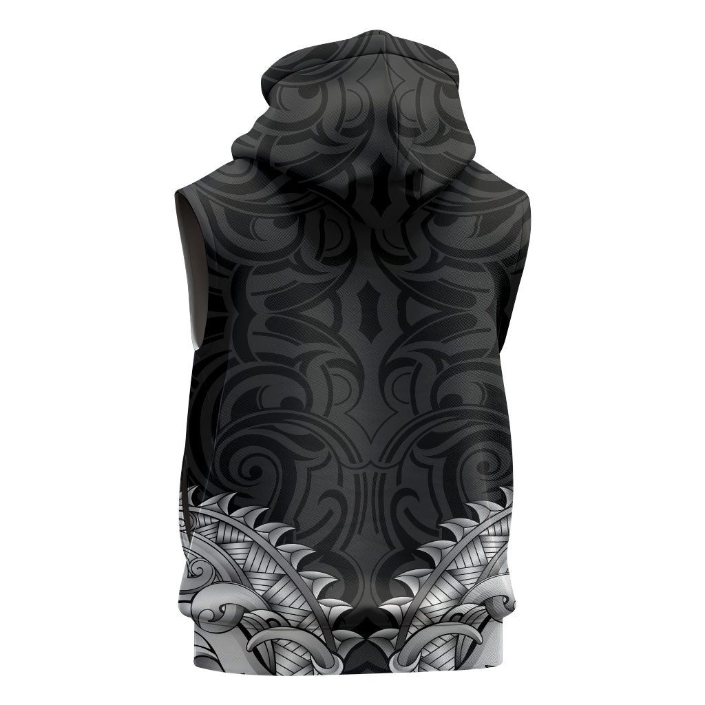 New Zealand Ta Moko Sleeveless Zip Hoodie Aotearoa Maori Chest Tattoo Black