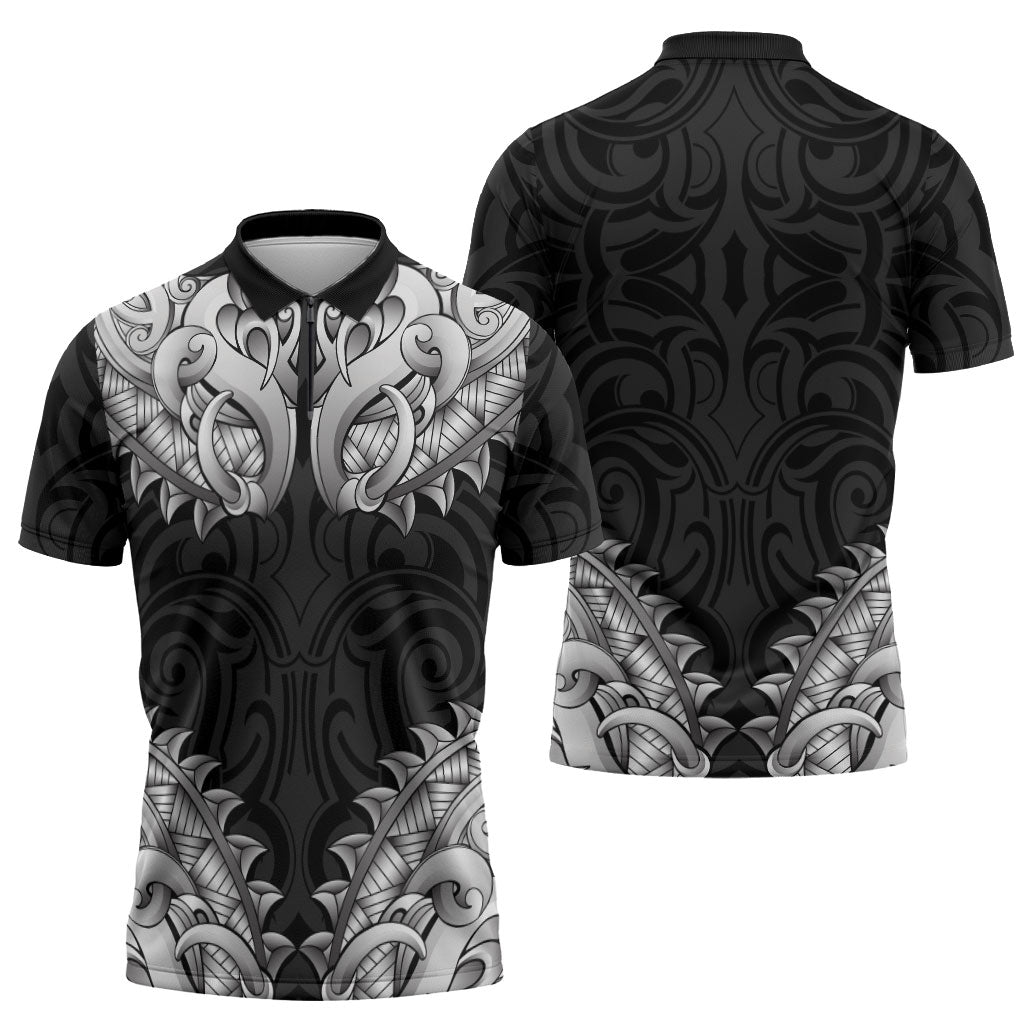 New Zealand Ta Moko Zipper Polo Shirt Aotearoa Maori Chest Tattoo Black