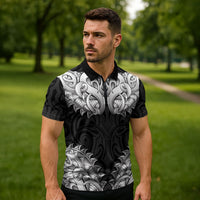 New Zealand Ta Moko Zipper Polo Shirt Aotearoa Maori Chest Tattoo Black
