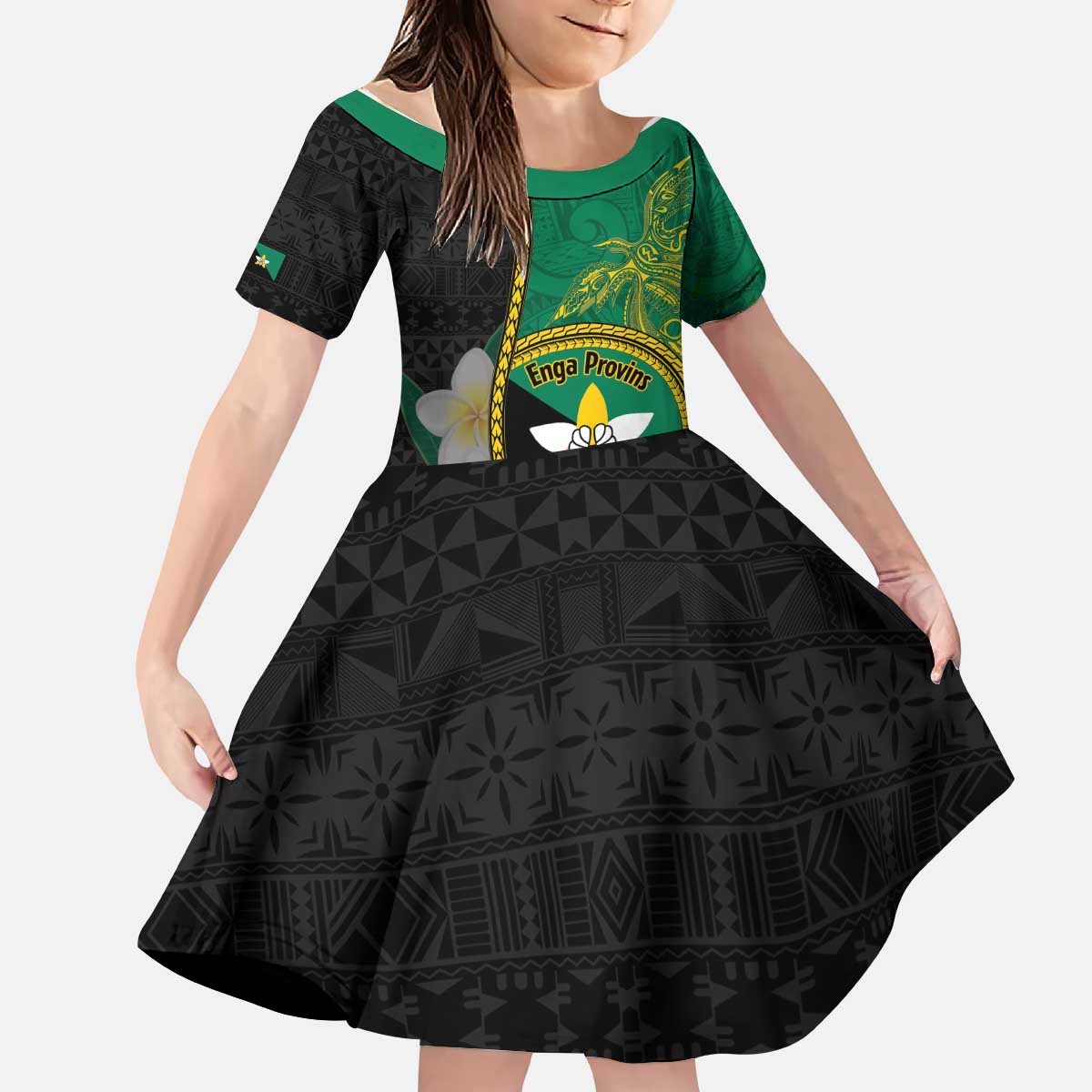 Personalised PNG Enga Provins Kid Short Sleeve Dress Papua New Guinea Plumeria Melanesian Pattern - Polynesian Pride