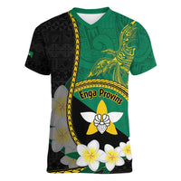 Personalised PNG Enga Provins Women V-Neck T-Shirt Papua New Guinea Plumeria Melanesian Pattern - Polynesian Pride