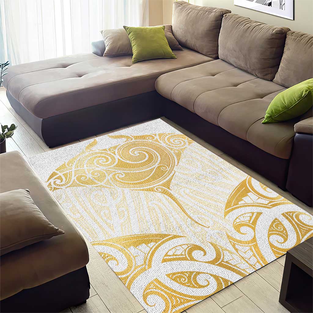 Gold White New Zealand Manta Ray Area Rug Aotearoa Maori Haehae - Polynesian Pride