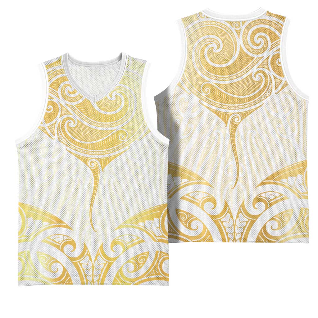 Gold White New Zealand Manta Ray Basketball Jersey Aotearoa Maori Haehae LT14 - Polynesian Pride