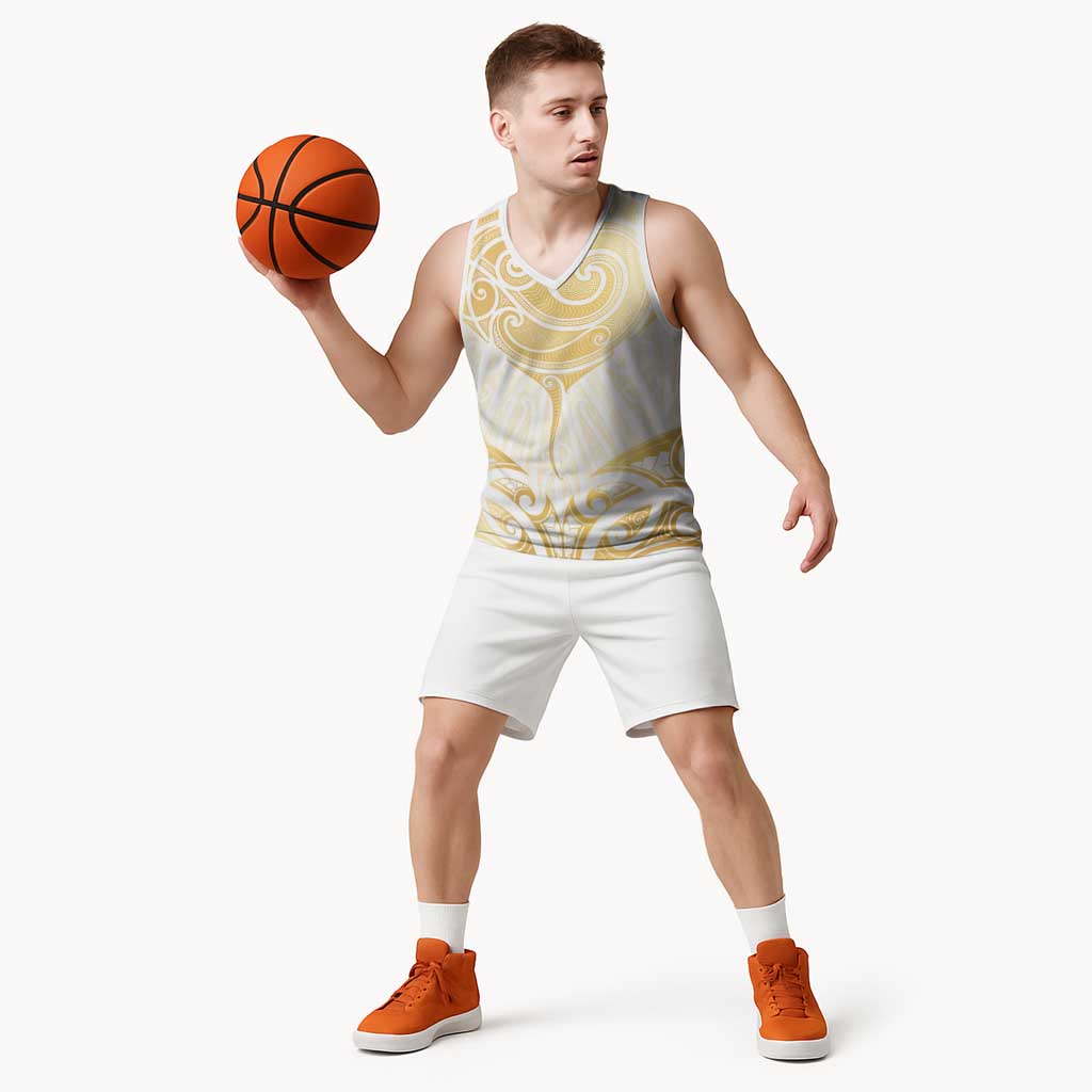 Gold White New Zealand Manta Ray Basketball Jersey Aotearoa Maori Haehae LT14 - Polynesian Pride