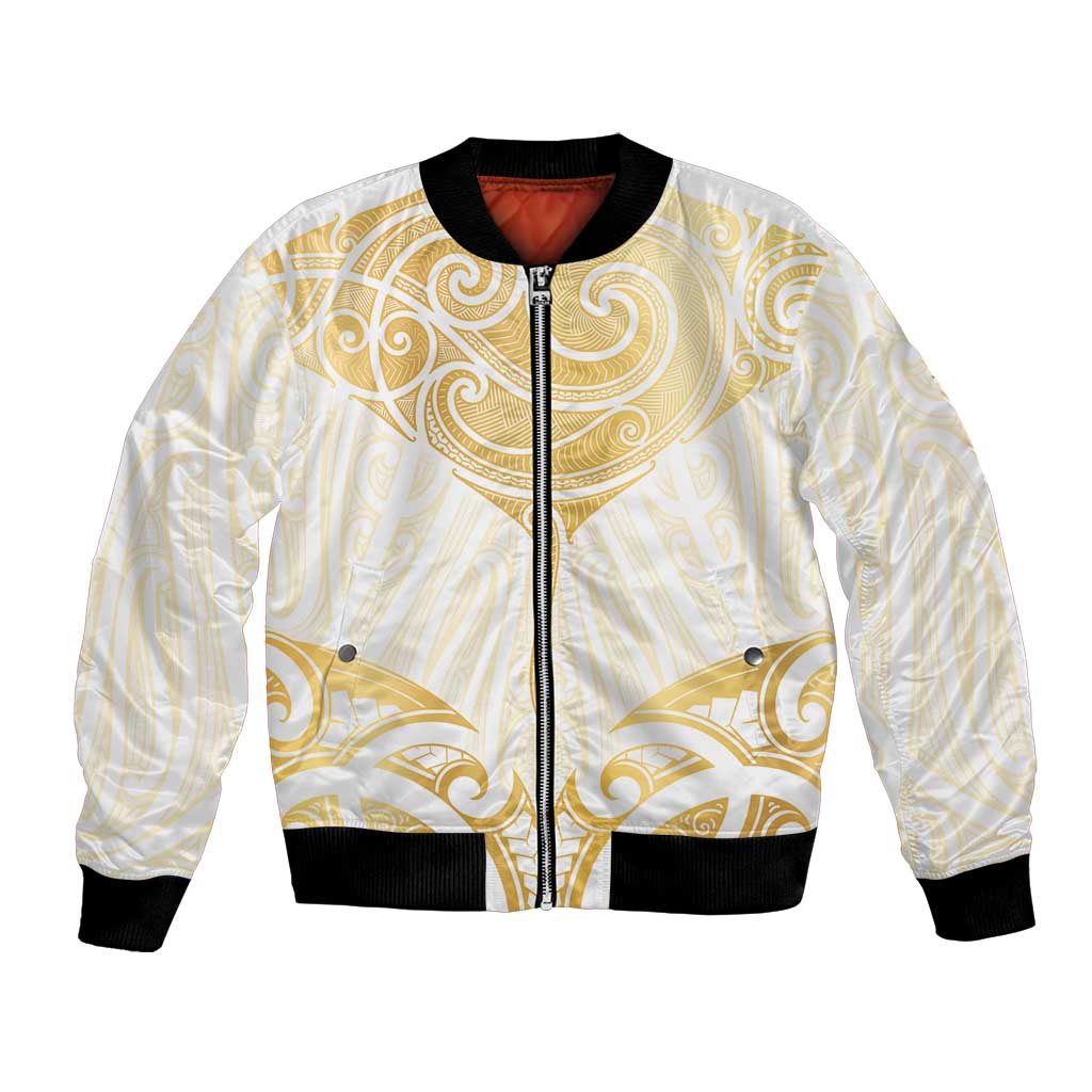 Gold White New Zealand Manta Ray Bomber Jacket Aotearoa Maori Haehae - Polynesian Pride