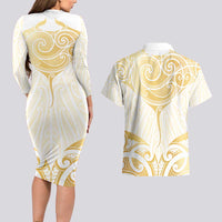 Gold White New Zealand Manta Ray Couples Matching Long Sleeve Bodycon Dress and Hawaiian Shirt Aotearoa Maori Haehae - Polynesian Pride
