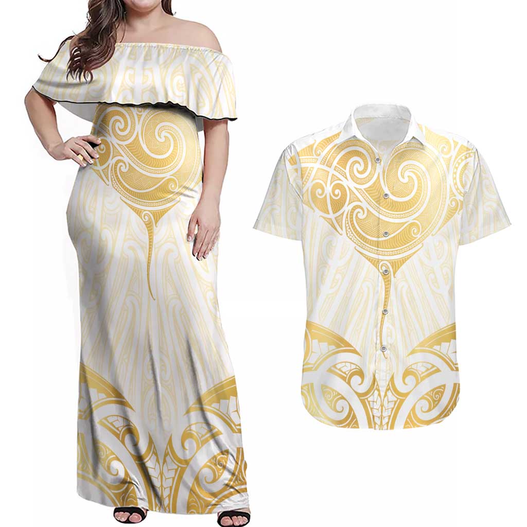 Gold White New Zealand Manta Ray Couples Matching Off Shoulder Maxi Dress and Hawaiian Shirt Aotearoa Maori Haehae - Polynesian Pride
