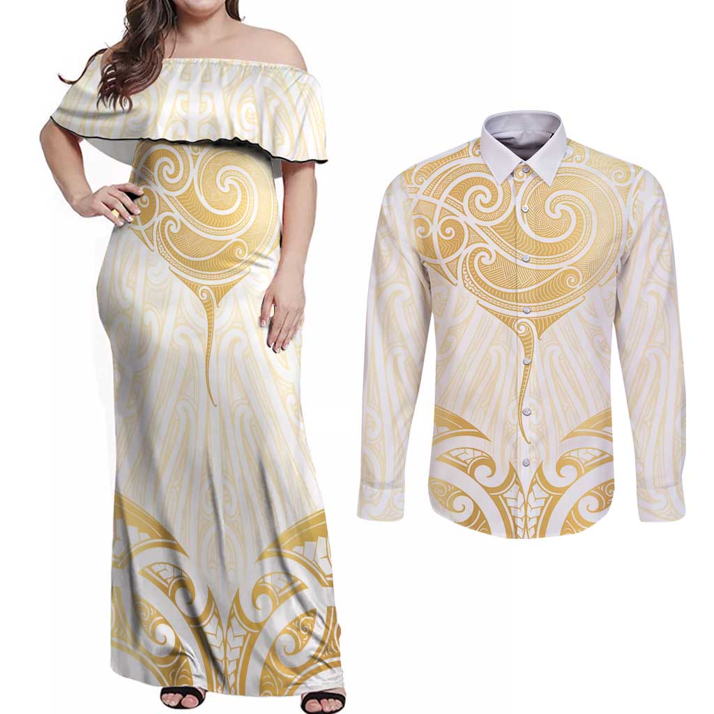 Gold White New Zealand Manta Ray Couples Matching Off Shoulder Maxi Dress and Long Sleeve Button Shirt Aotearoa Maori Haehae - Polynesian Pride