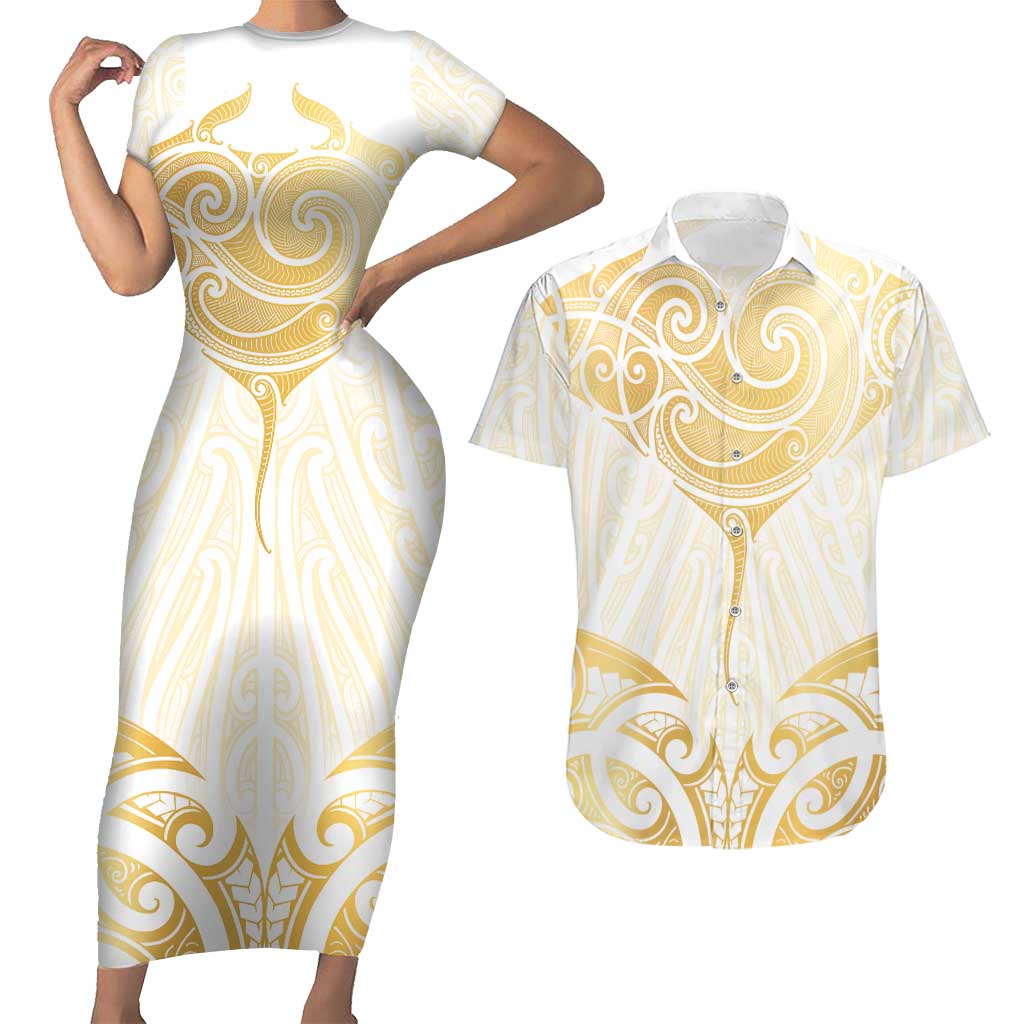 Gold White New Zealand Manta Ray Couples Matching Short Sleeve Bodycon Dress and Hawaiian Shirt Aotearoa Maori Haehae - Polynesian Pride