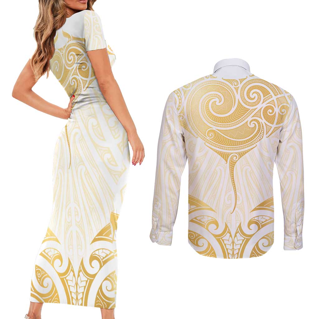 Gold White New Zealand Manta Ray Couples Matching Short Sleeve Bodycon Dress and Long Sleeve Button Shirt Aotearoa Maori Haehae - Polynesian Pride