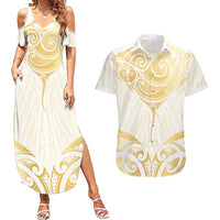 Gold White New Zealand Manta Ray Couples Matching Summer Maxi Dress and Hawaiian Shirt Aotearoa Maori Haehae - Polynesian Pride