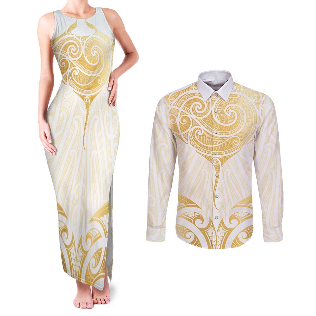 Gold White New Zealand Manta Ray Couples Matching Tank Maxi Dress and Long Sleeve Button Shirt Aotearoa Maori Haehae - Polynesian Pride
