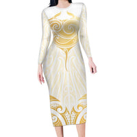 Gold White New Zealand Manta Ray Family Matching Long Sleeve Bodycon Dress and Hawaiian Shirt Aotearoa Maori Haehae - Polynesian Pride