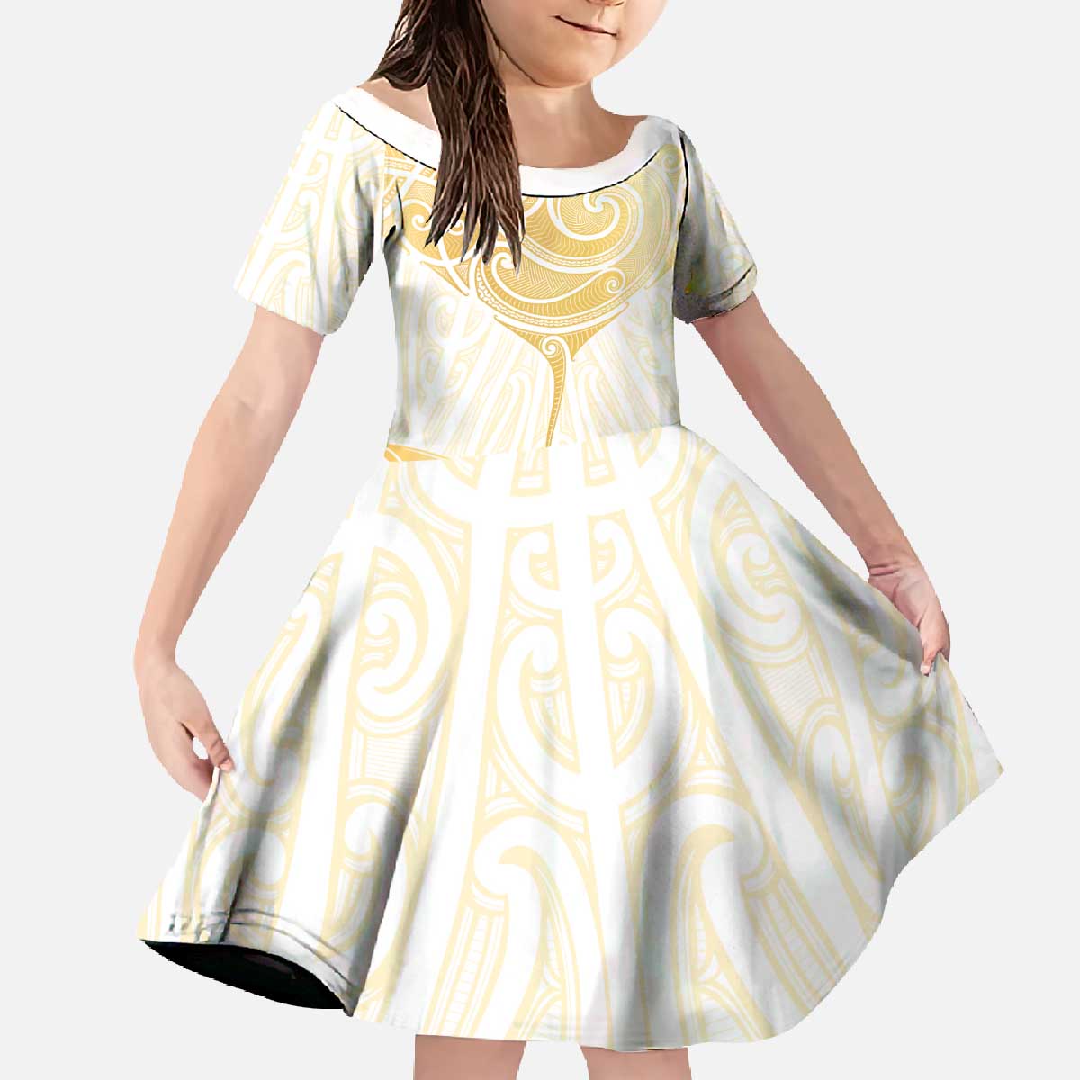 Gold White New Zealand Manta Ray Family Matching Off The Shoulder Long Sleeve Dress and Hawaiian Shirt Aotearoa Maori Haehae - Polynesian Pride