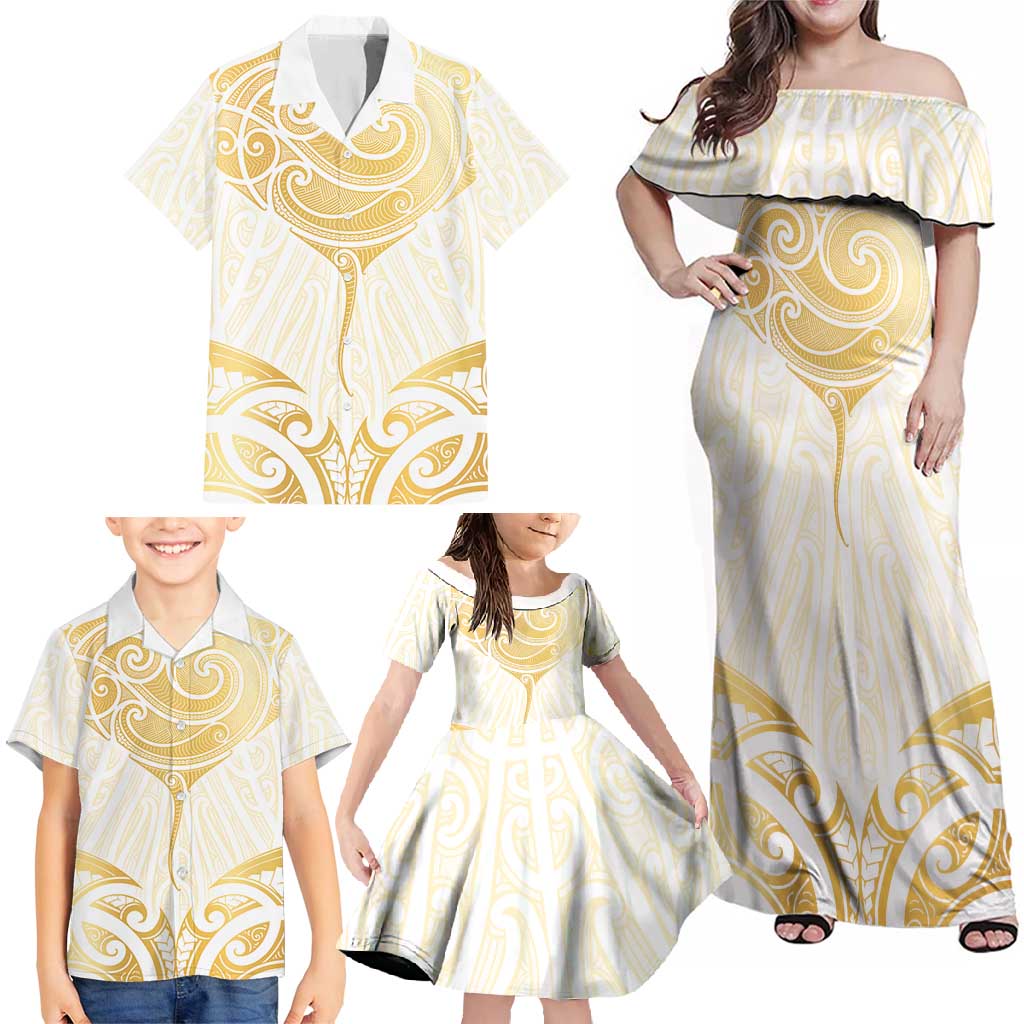 Gold White New Zealand Manta Ray Family Matching Off Shoulder Maxi Dress and Hawaiian Shirt Aotearoa Maori Haehae - Polynesian Pride