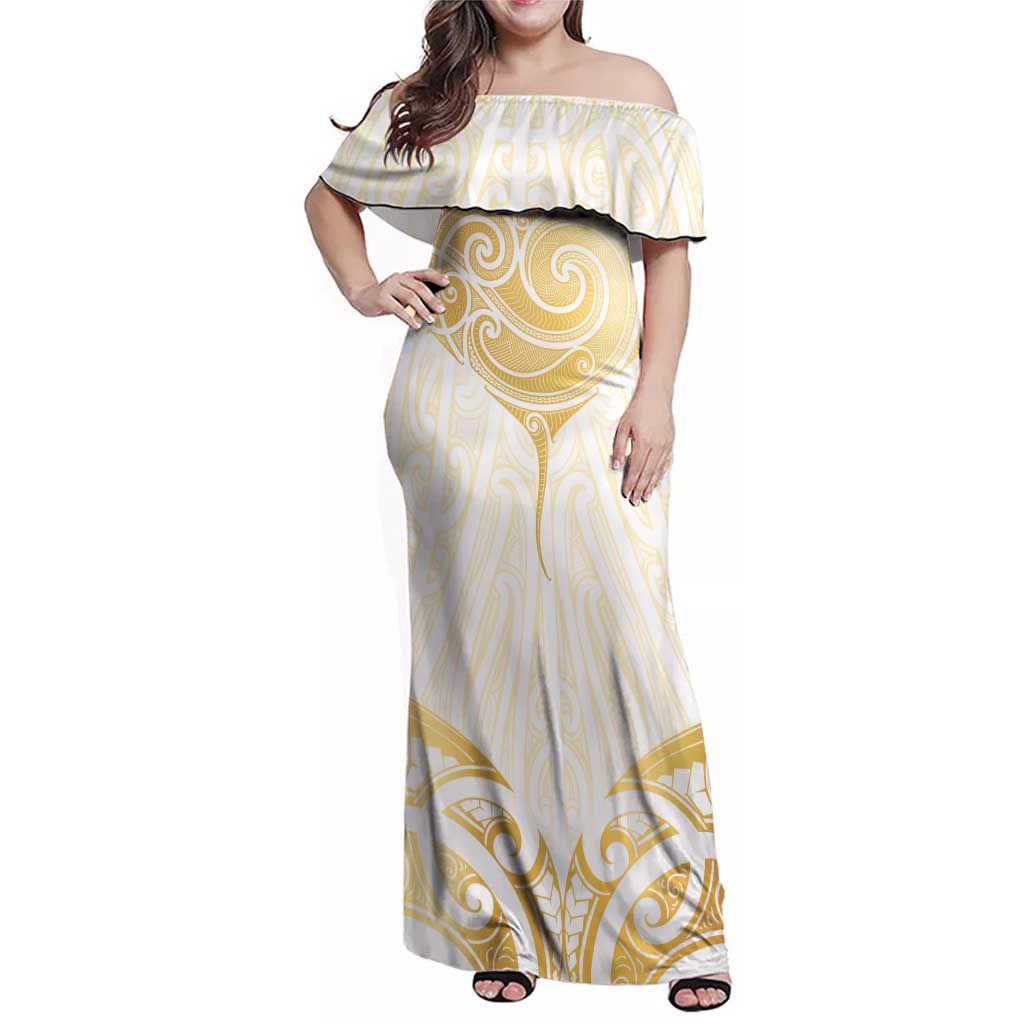 Gold White New Zealand Manta Ray Family Matching Off Shoulder Maxi Dress and Hawaiian Shirt Aotearoa Maori Haehae - Polynesian Pride