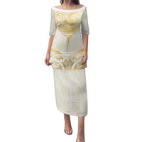 Gold White New Zealand Manta Ray Family Matching Puletasi and Hawaiian Shirt Aotearoa Maori Haehae - Polynesian Pride