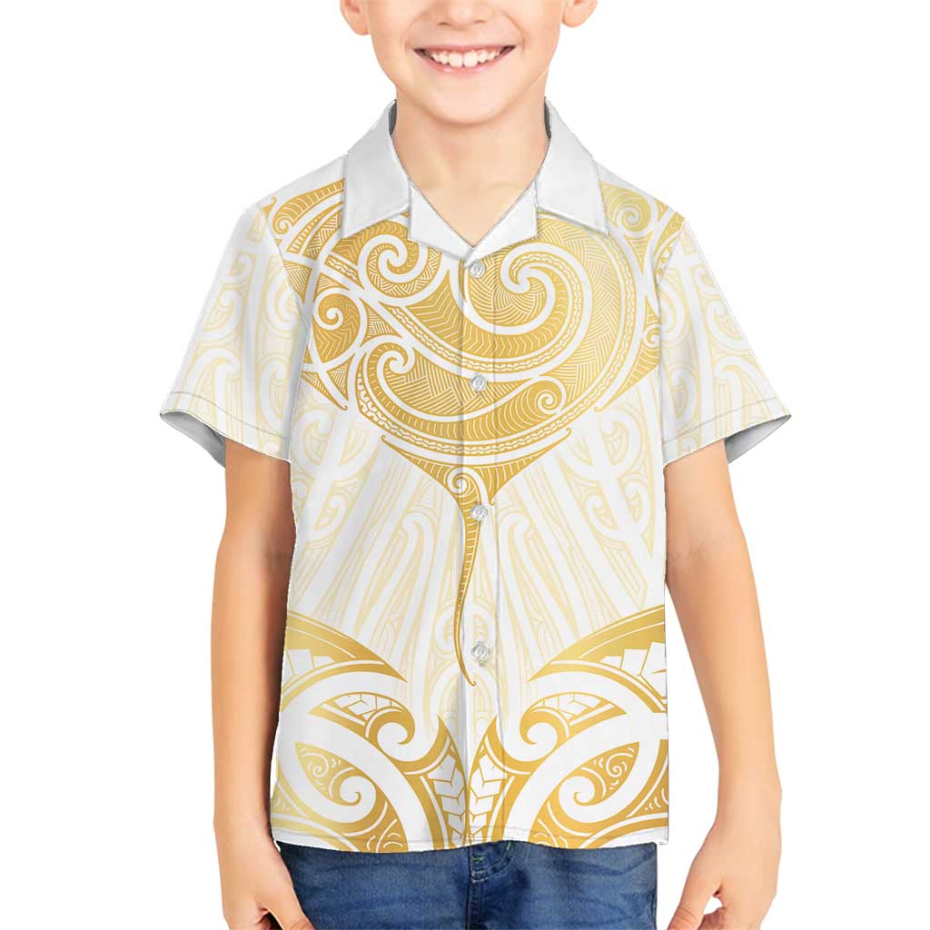 Gold White New Zealand Manta Ray Family Matching Summer Maxi Dress and Hawaiian Shirt Aotearoa Maori Haehae - Polynesian Pride