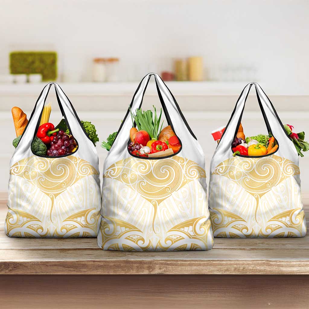 Gold White New Zealand Manta Ray Grocery Bag Aotearoa Maori Haehae LT14 3-pack One Size White - Polynesian Pride