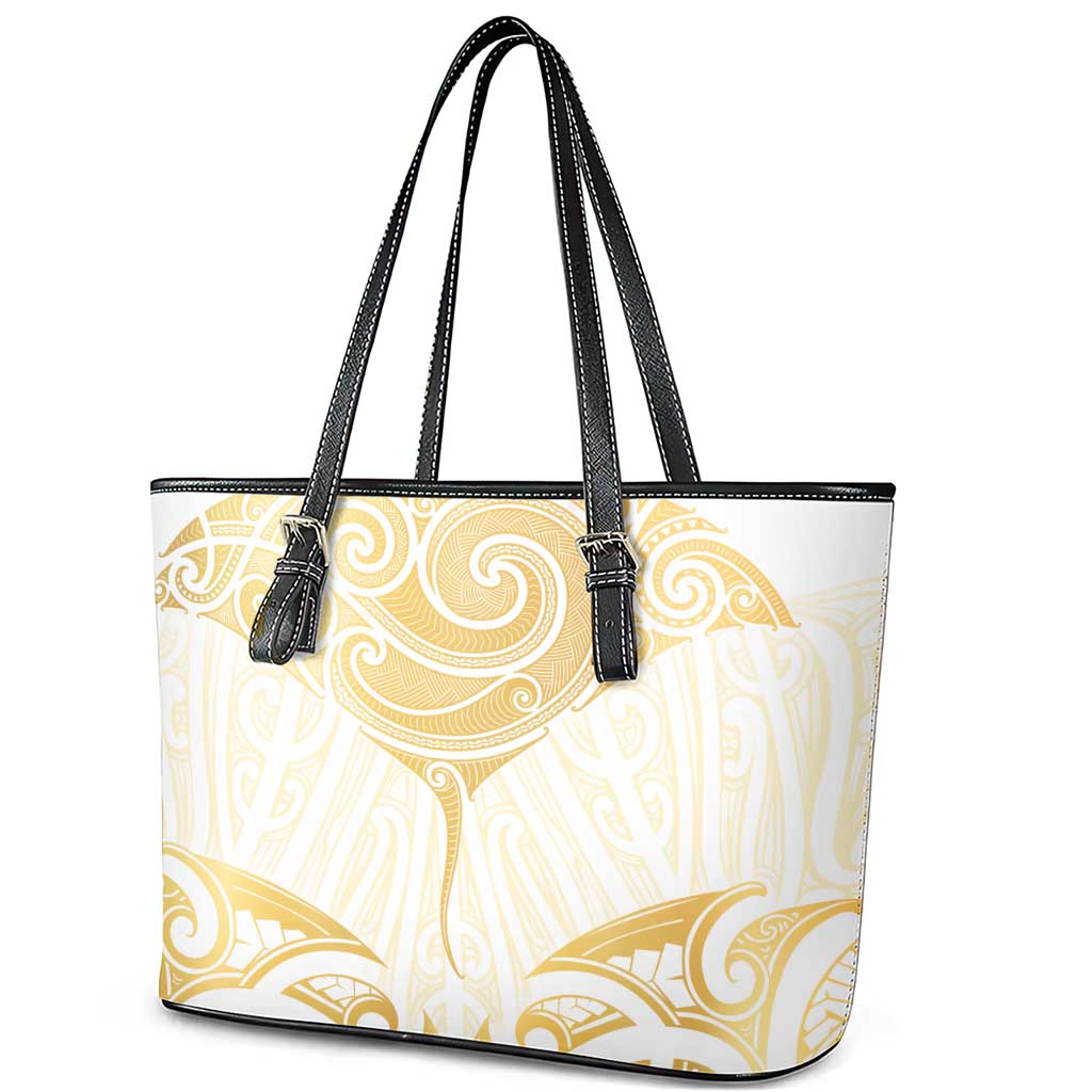 Gold White New Zealand Manta Ray Leather Tote Bag Aotearoa Maori Haehae - Polynesian Pride