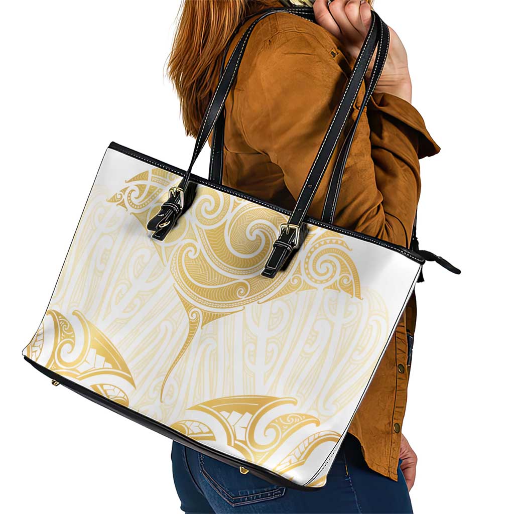 Gold White New Zealand Manta Ray Leather Tote Bag Aotearoa Maori Haehae - Polynesian Pride