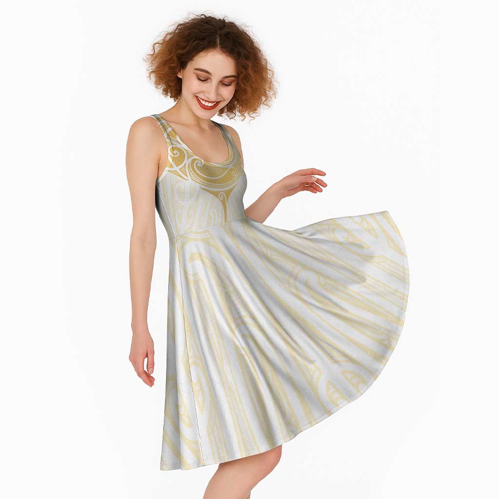 Gold White New Zealand Manta Ray Midi Dress Aotearoa Maori Haehae - Polynesian Pride
