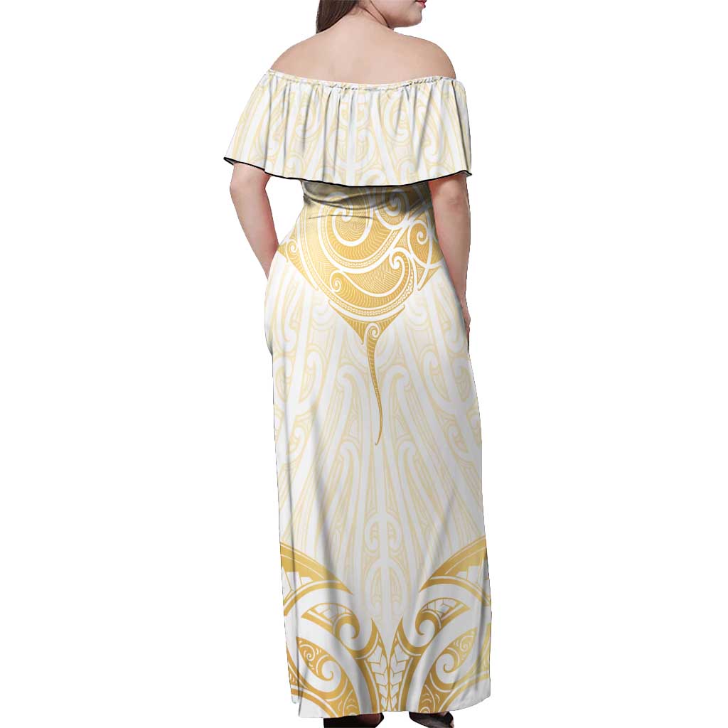 Gold White New Zealand Manta Ray Off Shoulder Maxi Dress Aotearoa Maori Haehae - Polynesian Pride