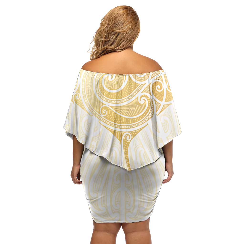 Gold White New Zealand Manta Ray Off Shoulder Short Dress Aotearoa Maori Haehae - Polynesian Pride