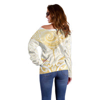 Gold White New Zealand Manta Ray Off Shoulder Sweater Aotearoa Maori Haehae - Polynesian Pride