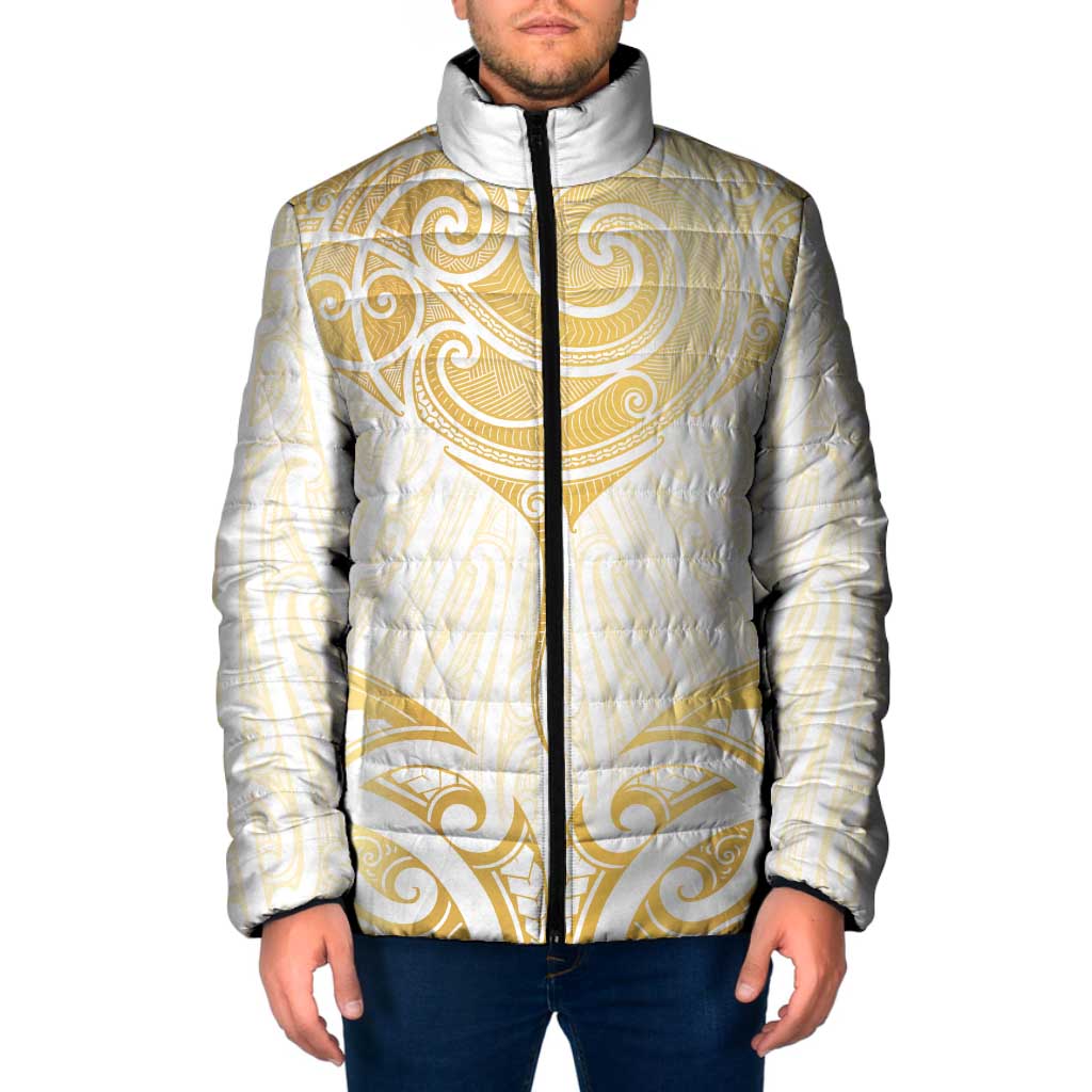 Gold White New Zealand Manta Ray Padded Jacket Aotearoa Maori Haehae LT14 Men White - Polynesian Pride