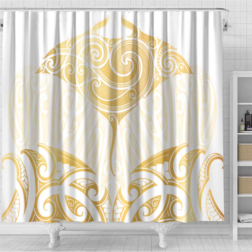 Gold White New Zealand Manta Ray Shower Curtain Aotearoa Maori Haehae - Polynesian Pride