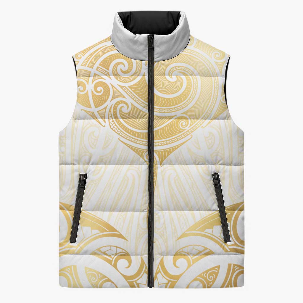Gold White New Zealand Manta Ray Sleeveless Puffer Jacket Aotearoa Maori Haehae LT14 Unisex White - Polynesian Pride